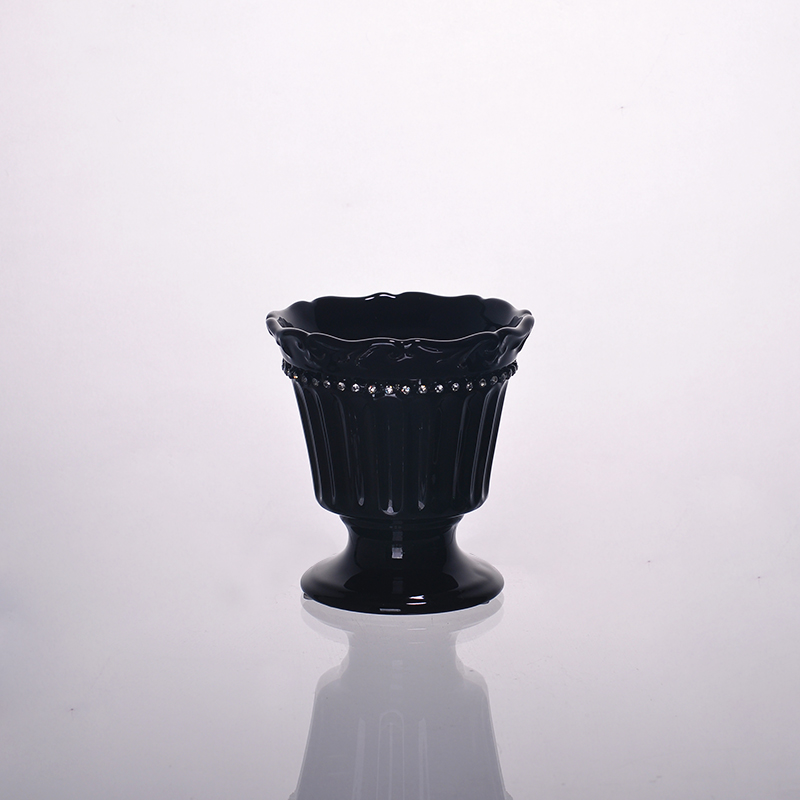 Black glaze ceramic candle holder with drill