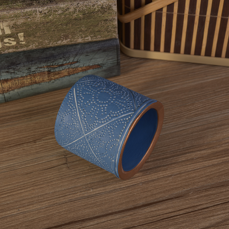 Blue Painted Concrete Candle Holders with Gold Rim