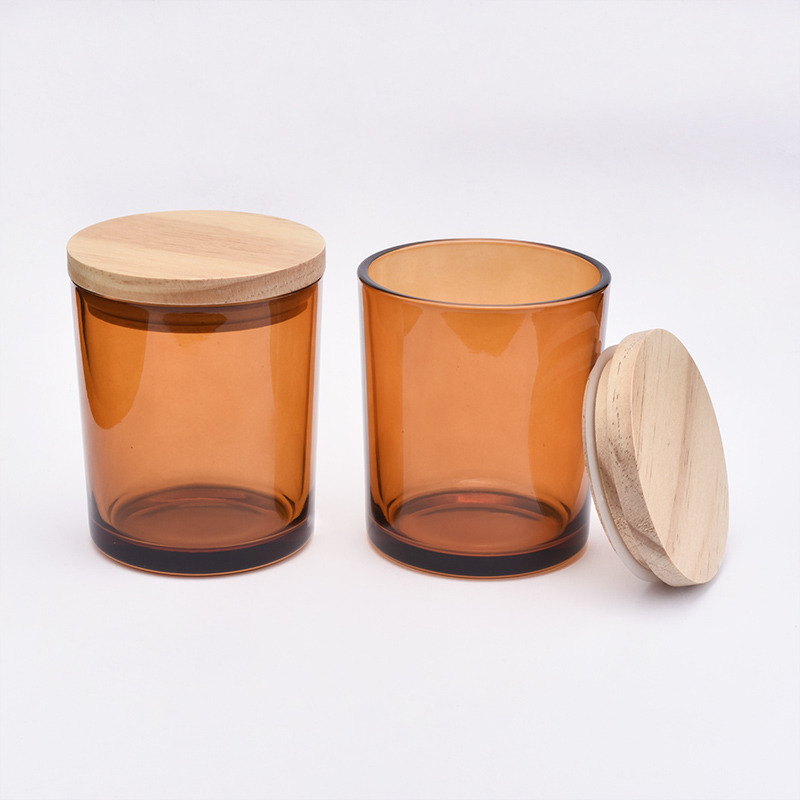Brown Amber Glass Candle Jar With Wooden Lids