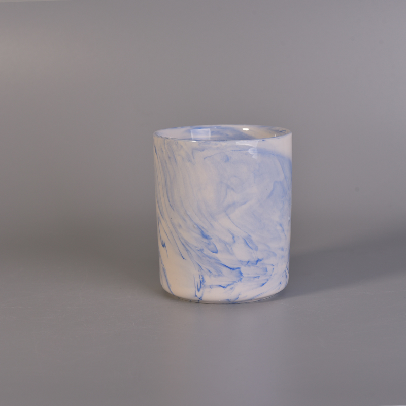 Cylinder Marble Pattern Blue Ceramic Candle Holder Popular Decoration