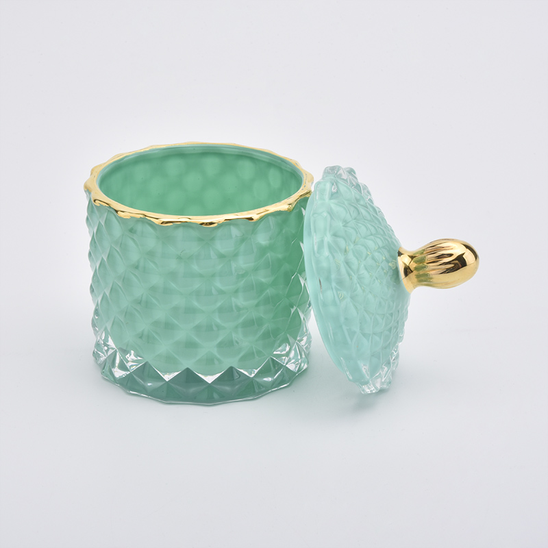 Geo cut glass candle jar with gold rim
