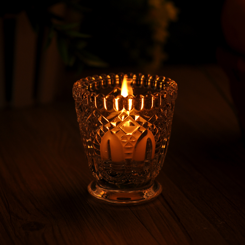 Embossed Flower Pattern Clear Glass Candle Holder