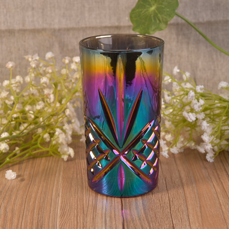 Long cylinder embossed decor colorful iridescent glass candle cups