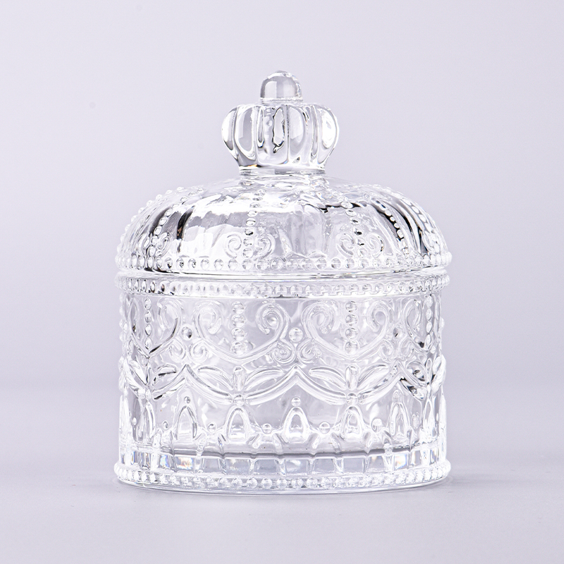 Proveedor de recipiente de vela de cristal con diseño de corona personalizado de lujo de 200ml con tapa para decoración de bodas
