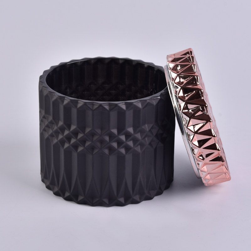 Porte-bougie en verre noir mat ouragan en relief avec décoration de maison délicate or couvercle