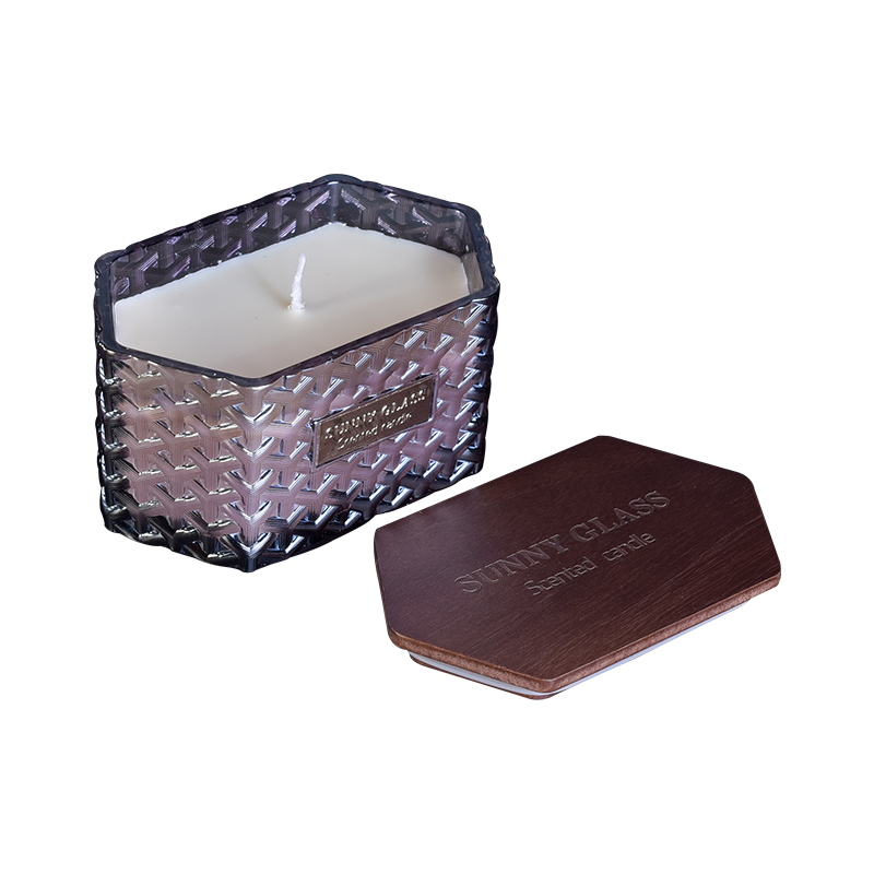 Logotipo OEM 500ml Vela de vidrio contenedores con tapas de madera diseño de patrón tejido en relieve