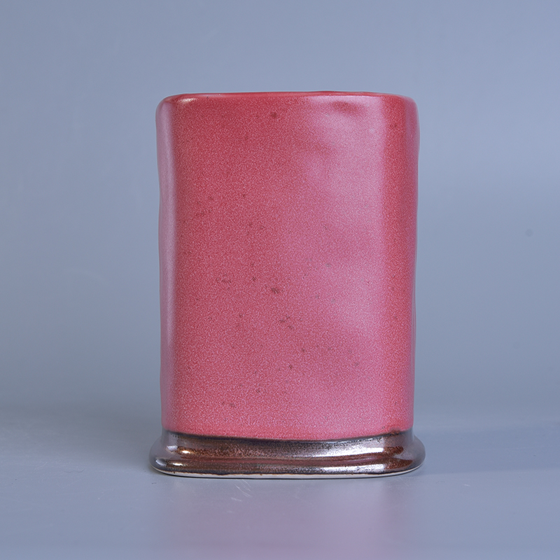 Square Cylinder Pink Glazed Ceramic Candle Holders For Decoration