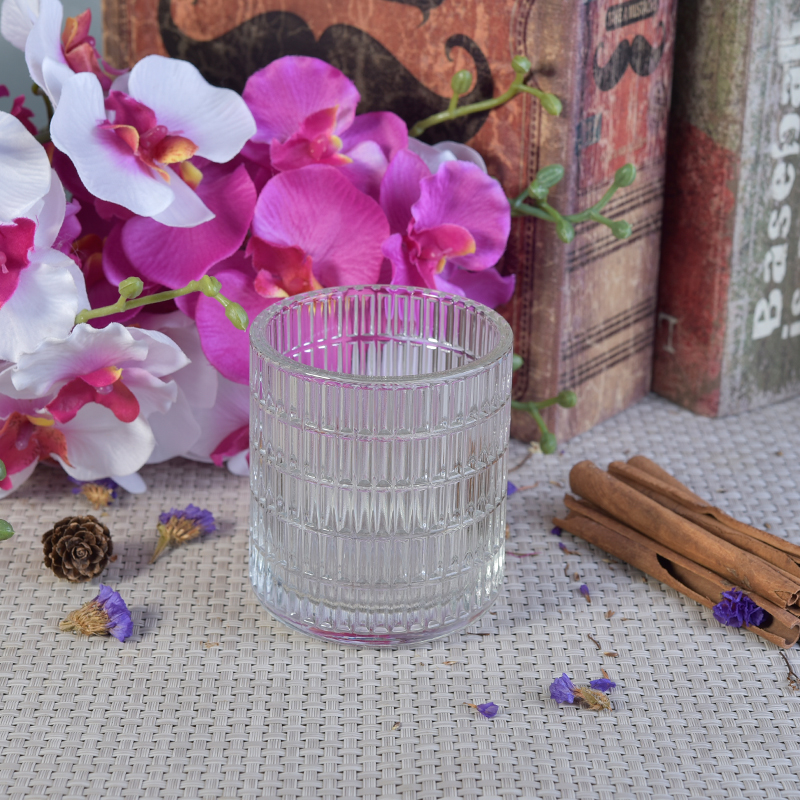 Stripe debossed clear cylinder glass candle jar wholesale