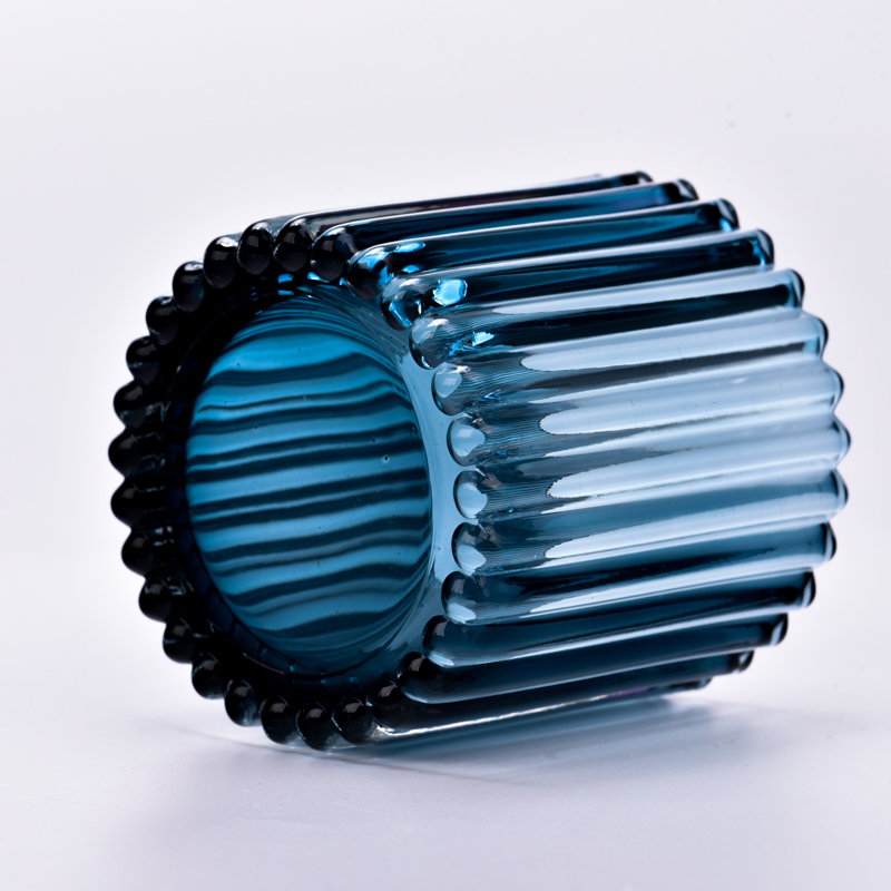 Оптовые современные ребристые стеклянные сосуды для свечей с декором синего цвета