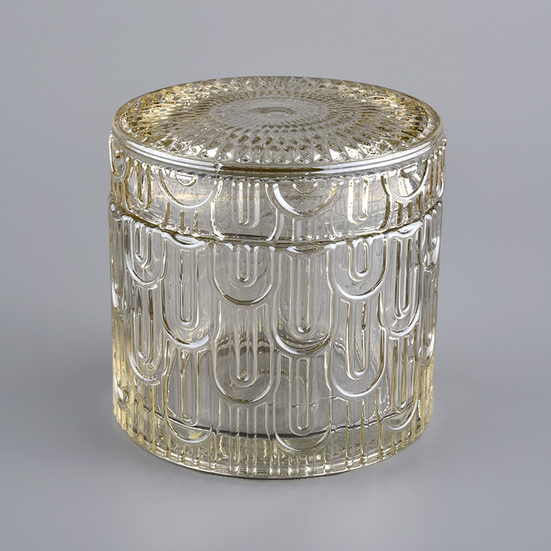 amber embossing glass candle jar with lid