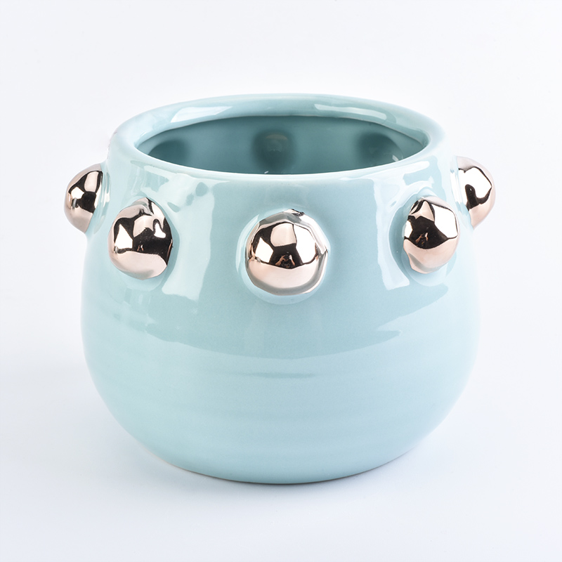 glossy blue glazing ceramic candle jar with hobnail