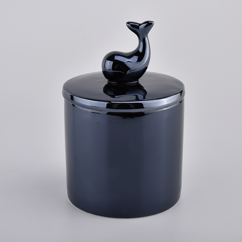 iridescent effect ceramic candle jars with animal lid