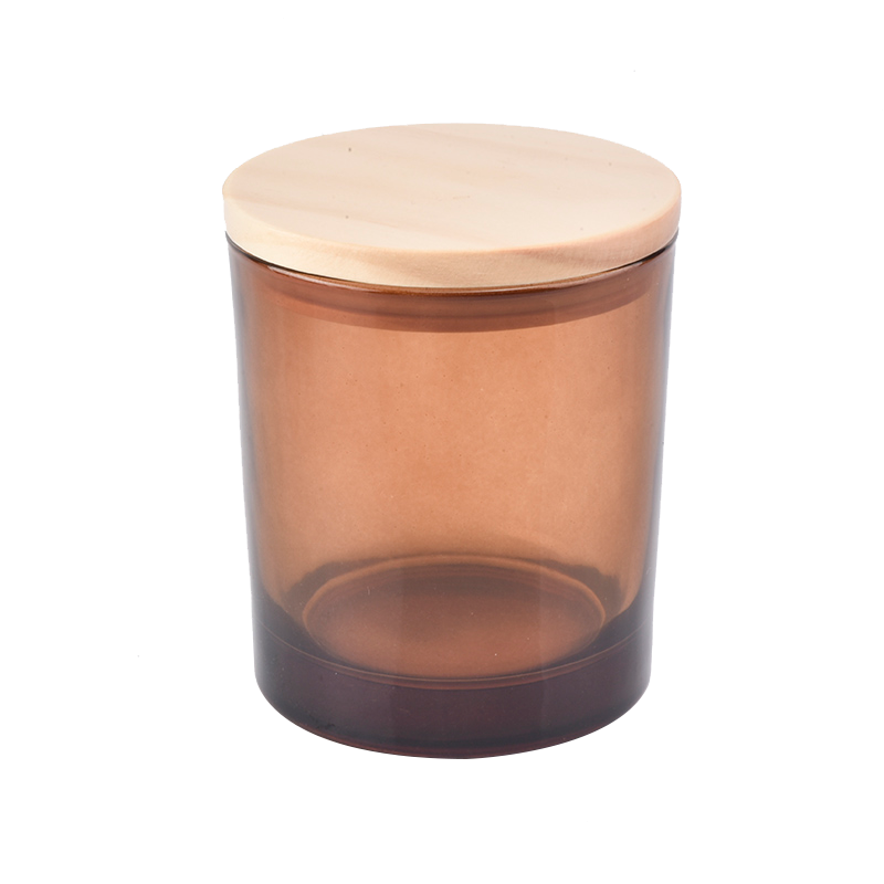 portacandele in vetro marrone traslucido con coperchio in legno