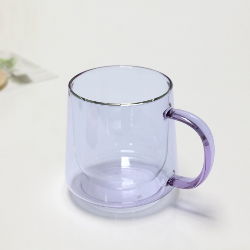 12oz Double Wall Glass Cup Coffee Heat Resistant High Borosilicate 360ml Purple Colored Double Wall Glass Mug
