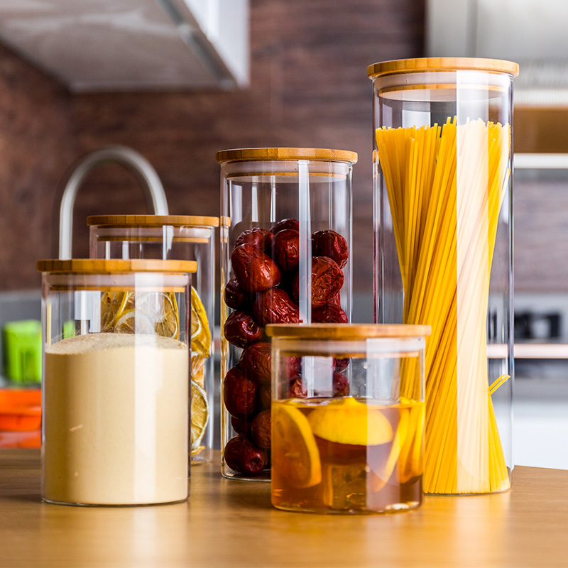 Récipient de nourriture en verre de Borosilicate avec des couvercles en bois