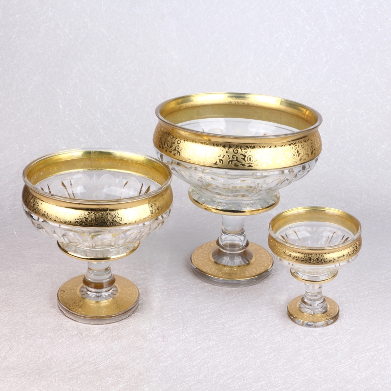 Wholesale Fast Delivery Uzbek Popular Bohemia Style Decorative Golden Plating Flowers Glass Fruit And Candy Bowl Set