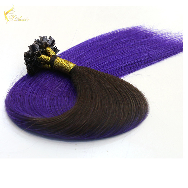 Golden Supplier Italy Keratin Glue ombre T 1b# #Blue color 100% Human Hair virgin flat tip pre bonded fusion curly extensions