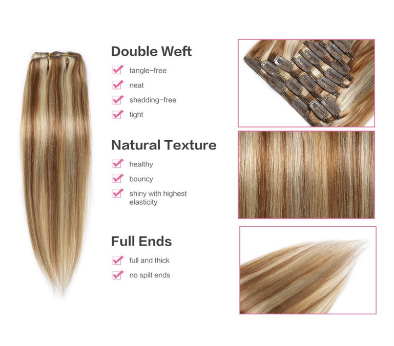 High Quality 8a Grade Full Head 100 Human Hair Piano Color Clip In Hair Extensions
