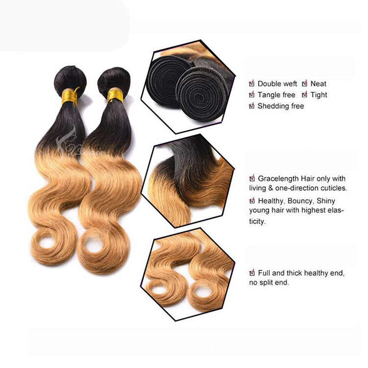 top quality two tone ombre colored hair weave bundles body wave 100% remy virgin human hair extension