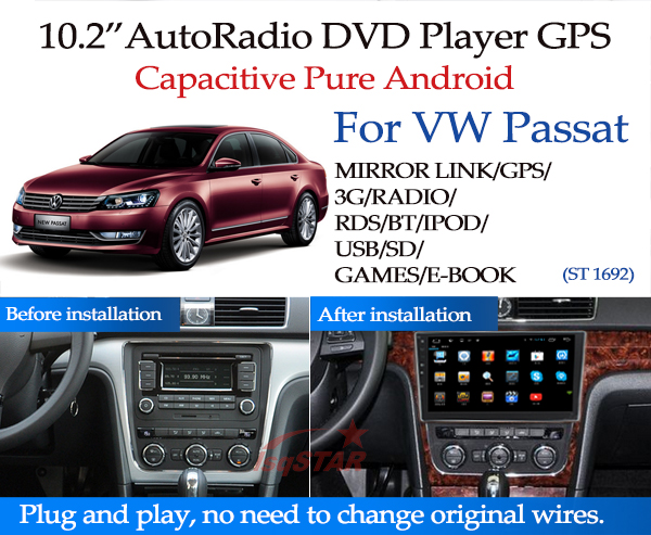 VW Passat 10.2 inch android car radio dvd player gps with built-in WiFi/GPS Navi /FM/AM Radio/Bluetooth/Multimedia /USB/SD/ AUX