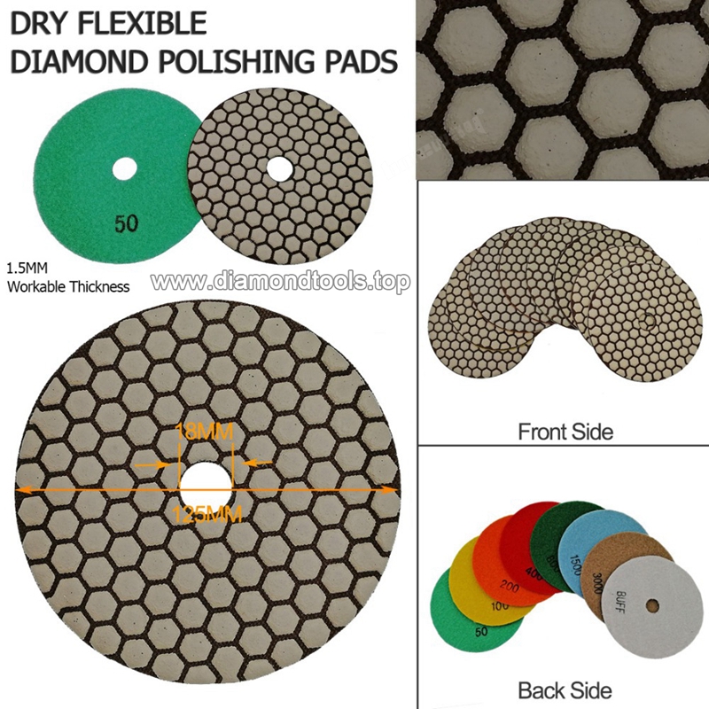 Dia.125MM White Buff Resin Bonded Flexible Diamond Polishing Pad For Stone Marble Quartz Dry Grinding