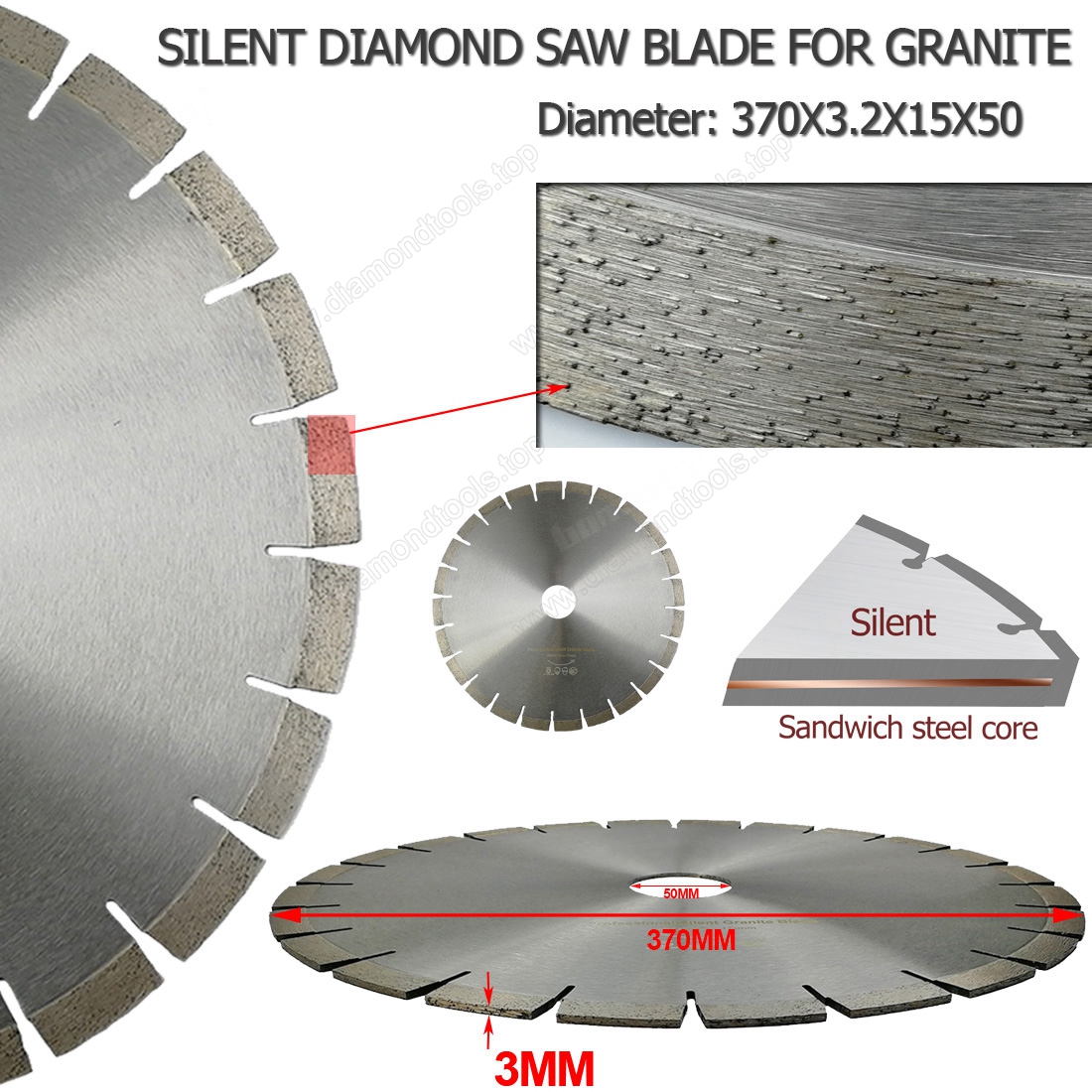 Dia.350mm Professional quality Diamond Silent Saw Blade Sandwich Steel core Granite cutting Disc Wheel bore 50mm 60mm