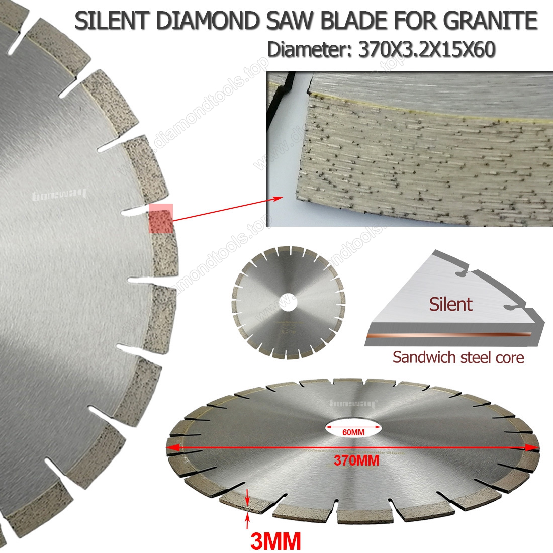 Dia.350mm Professional quality Diamond Silent Saw Blade Sandwich Steel core Granite cutting Disc Wheel bore 50mm 60mm