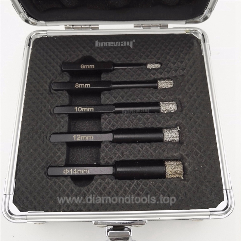Hex Shank Vacuum Brazed Diamond Drill Core Bits Dry Drilling Bits 5PCS/Box Dia. 6mm+8mm+10mm+12mm+14mm