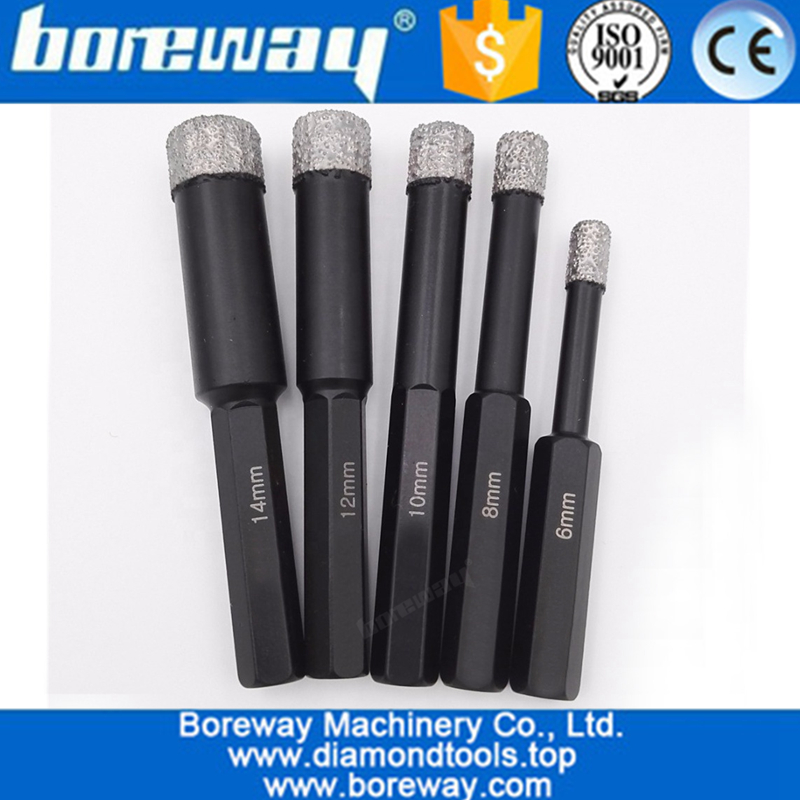 Hex Shank Vacuum Brazed Diamond Drill Core Bits Dry Drilling Bits 5PCS/Box Dia. 6mm+8mm+10mm+12mm+14mm
