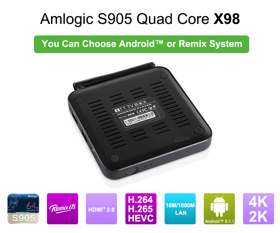 2G32G Amlogic S905 TV Box Remix OS 지원 Google 인터넷 TV 박스 쿼드 코어 X98 (리믹스)