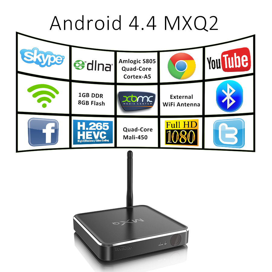 Android TV Box อลูมิเนียมอัลลอยด์ XBMC H.265 ถอดรหัส MXQ2 Android 4.4 TV Box MXQ2