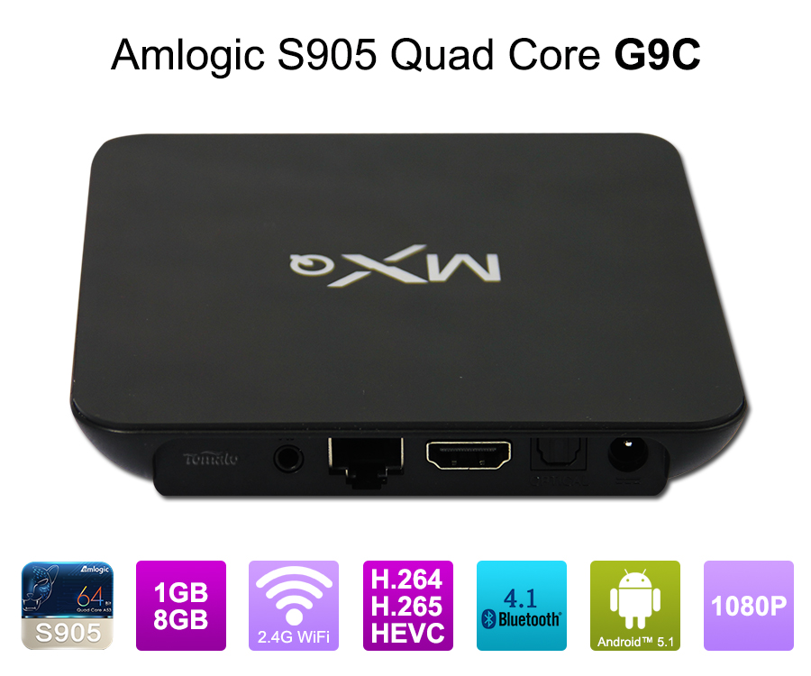 Android电视盒Quad Core S905芯片组1G RAM 8G ROM ANDROID 5.1 AMLOGIC S905四核64位Cortex-A53最高2.0GHz G9C
