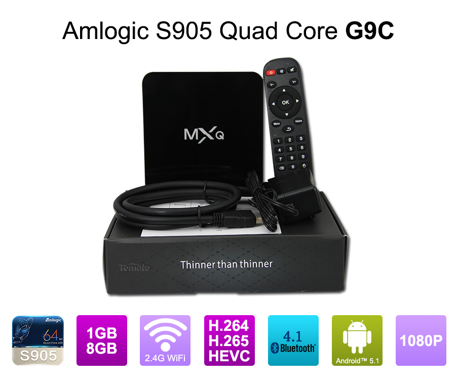 Android电视盒Quad Core S905芯片组1G RAM 8G ROM ANDROID 5.1 AMLOGIC S905四核64位Cortex-A53最高2.0GHz G9C