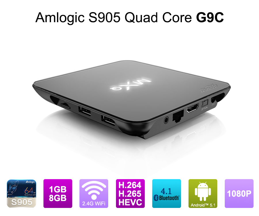 Android电视盒Quad Core S905芯片组1G RAM 8G ROM ANDROID 5.1 AMLOGIC S905四核64位Cortex-A53最高2.0GHz G9C