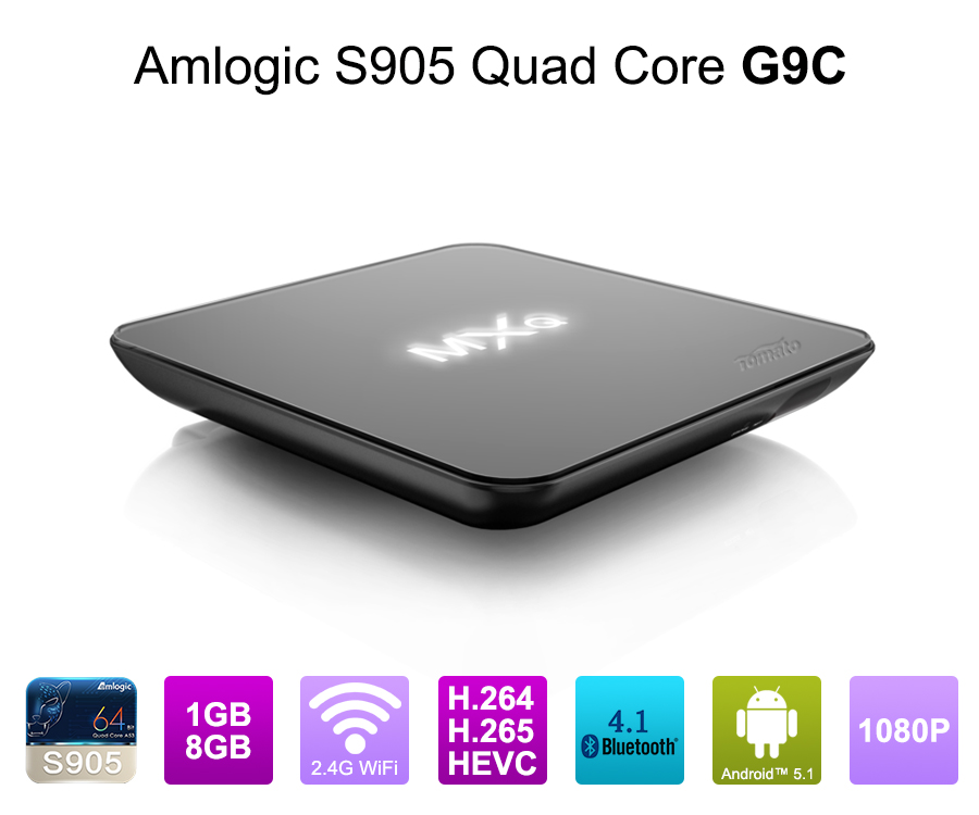 Android电视盒Quad Core S905芯片组1G RAM 8G ROM ANDROID 5.1 AMLOGIC S905四核64位Cortex-A53最高2.0GHz G9C