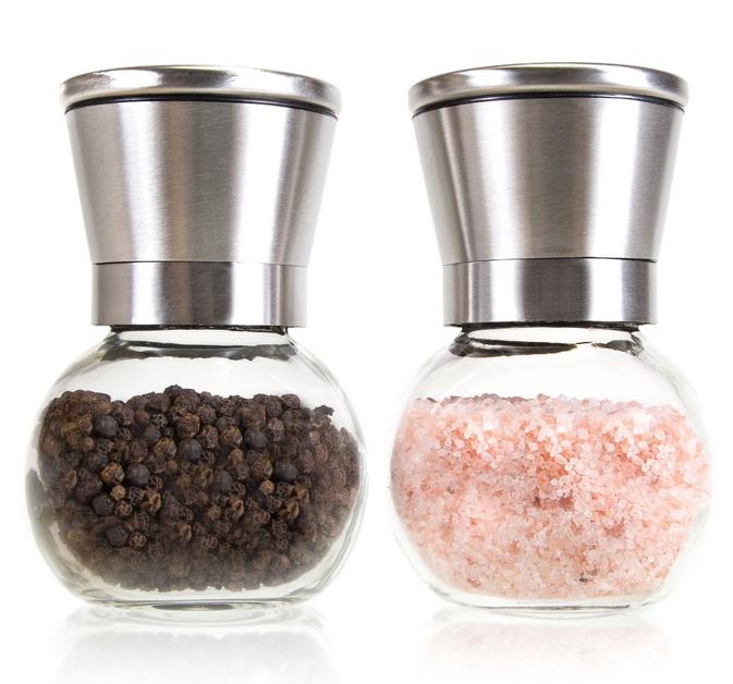 디럭스 스테인레스 스틸 소금과 후추 그라인더 세트 라운드 바디 닦았 스테인리스 페퍼 밀 솔트 밀 유리