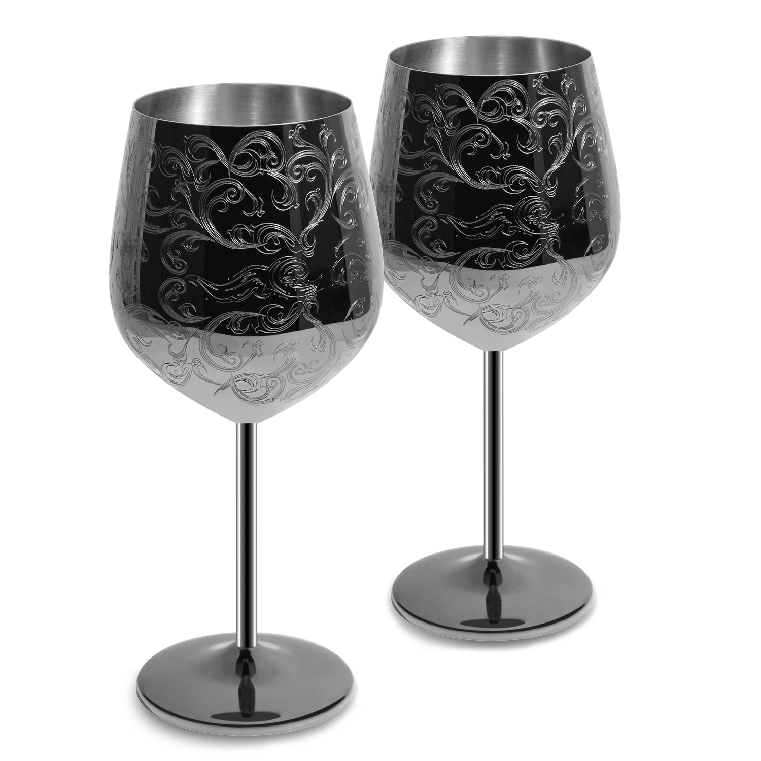 Etching Patern Stainless Steel Goblet Black Plated Finishing Wine Glasses