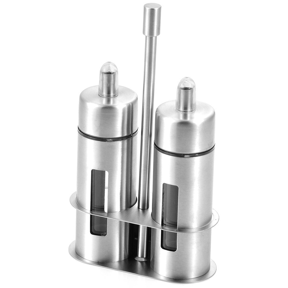 Modern Stylish Stainless Steel Acrylic Seasoning Bottle Solution, Olive Oil Vinegar Condiment Pot with Stand & Glass Window