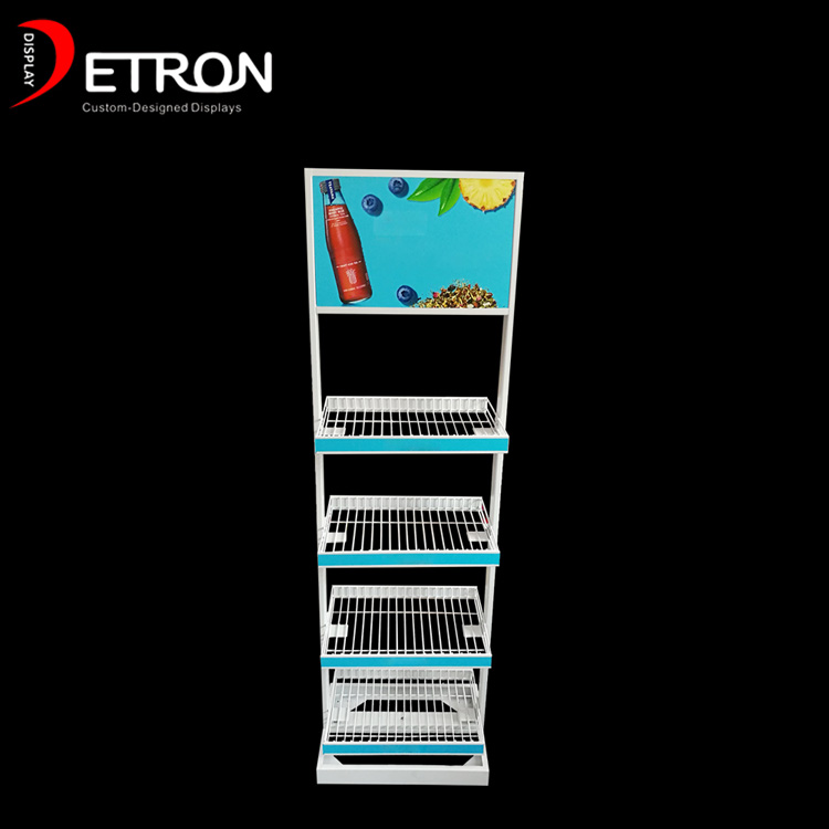 Double sided 4 tiers metal grid flooring display fixture for craft iced teas