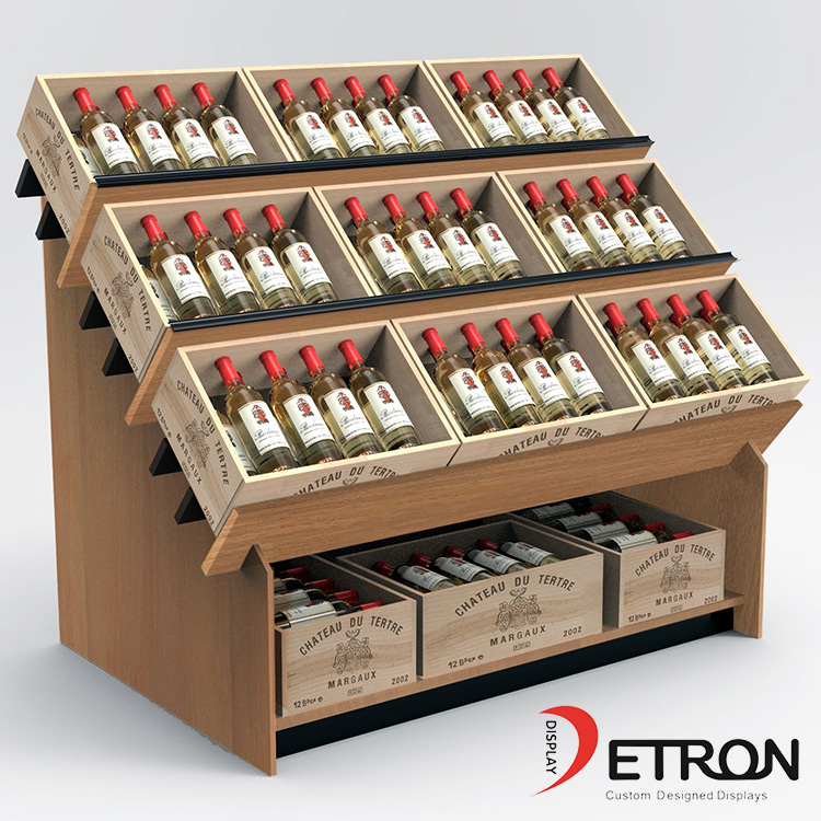 Dispositivo di visualizzazione del negozio di vino in piedi da pavimento in legno del supermercato