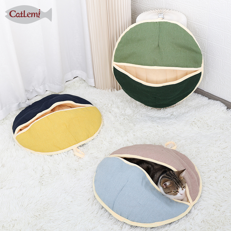 Designer Moon Fan Cozy Cat Cave Ombre Color Linen Nature Cat Sleeping Bed for Winter