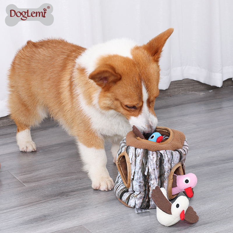 Dog IQ Toys Birds in Tree Stump Hide and Seek Activity Plush Puzzle Squeaker Pet Toy