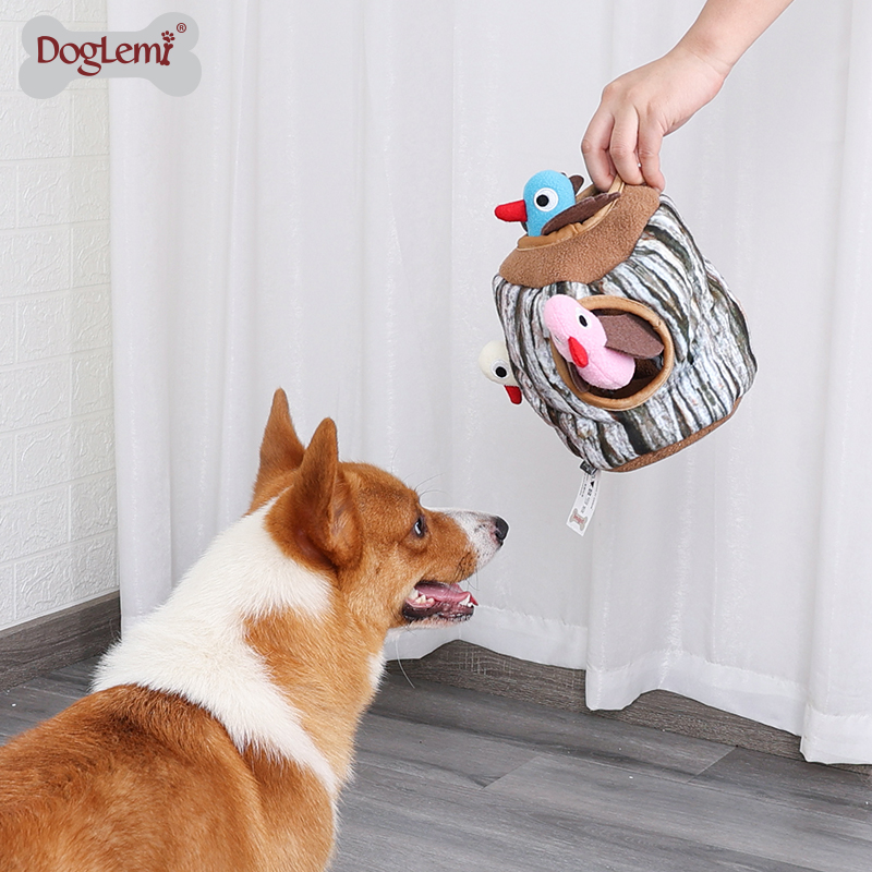 Perro IQ juguetes pájaros en tocón de árbol escondite y busque la actividad Puzzle de felpa Squeaker PET juguete