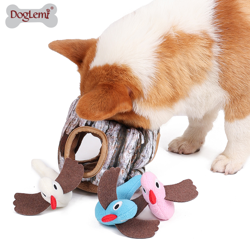 Perro IQ juguetes pájaros en tocón de árbol escondite y busque la actividad Puzzle de felpa Squeaker PET juguete