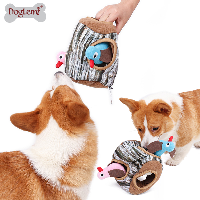 Perro IQ juguetes pájaros en tocón de árbol escondite y busque la actividad Puzzle de felpa Squeaker PET juguete