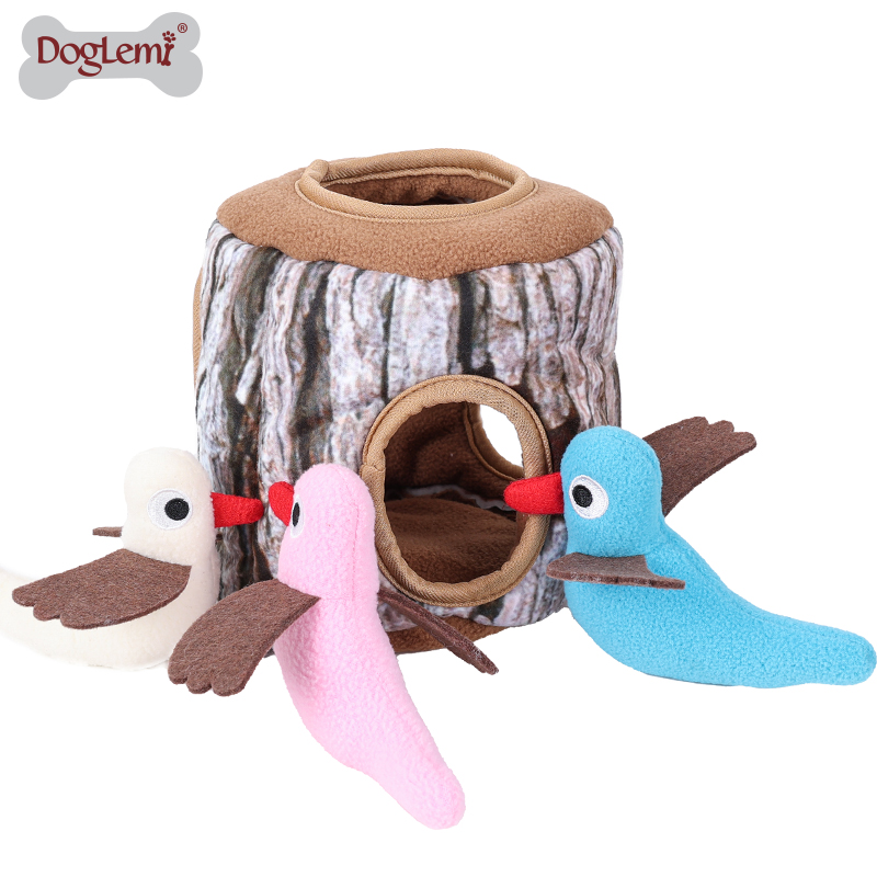 Perro IQ juguetes pájaros en tocón de árbol escondite y busque la actividad Puzzle de felpa Squeaker PET juguete