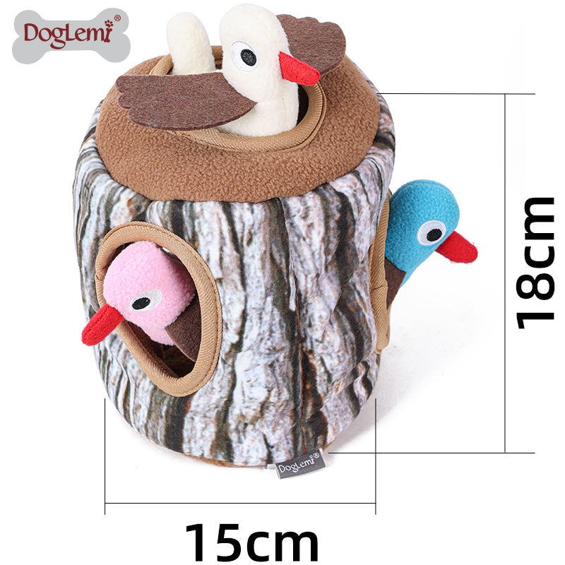 Perro IQ juguetes pájaros en tocón de árbol escondite y busque la actividad Puzzle de felpa Squeaker PET juguete
