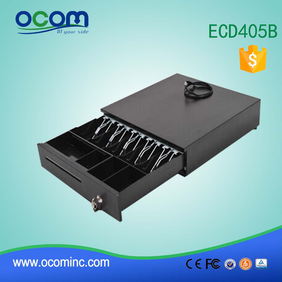 Tiroir-caisse en métal ECD405B 5 porte-billets réglables et 4 supports de pièces