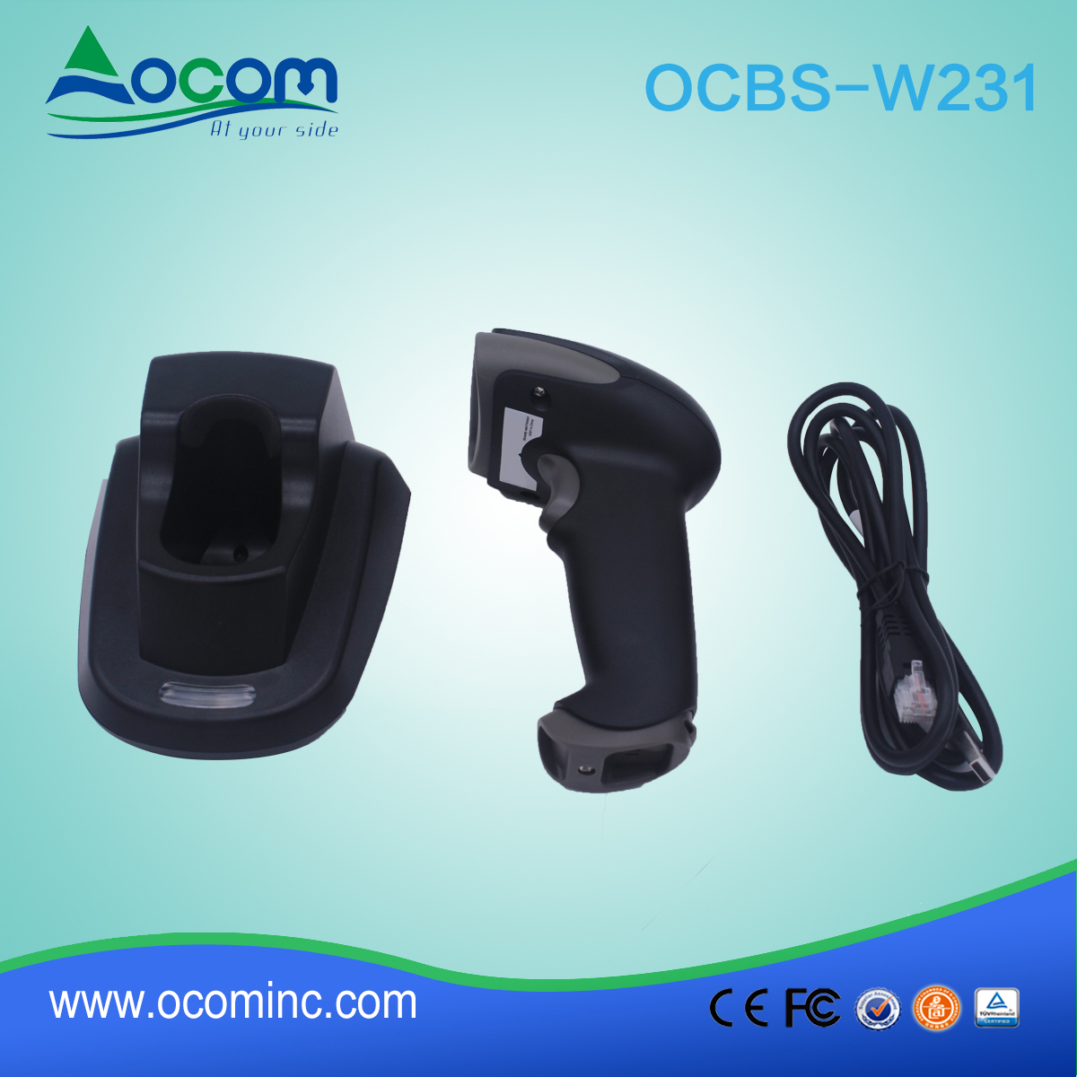 (OCBS-W231) 433 MHz de código de barras inalámbricos 2D escáner con cuna para la venta