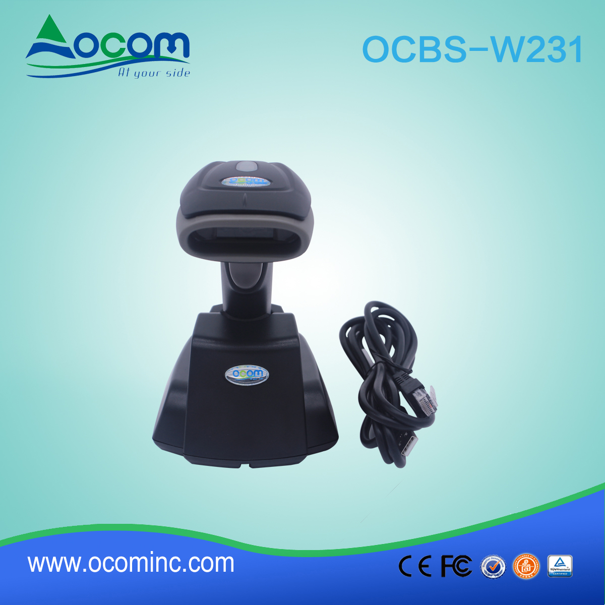 (OCBS-W231) Handheld 433MHz Wireless QR Code Scanner de código de barras 2D com berço